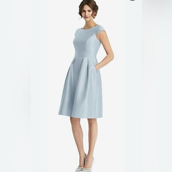 Alfred Sung Satin Twill Cocktail Dress, Mist Blue, Fit and Flare, Size 0, Retro - Picture 1 of 10